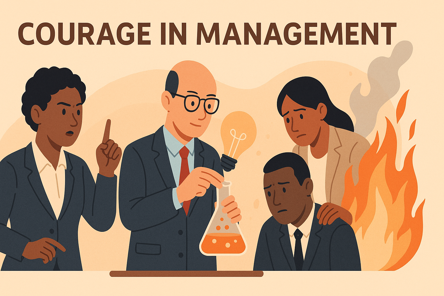 Illustration representing Courage in Management showing a diverse group of managers from different cultural backgrounds demonstrating intellectual courage through questioning, creative courage through experimentation, and physical courage through presence during difficult moments.